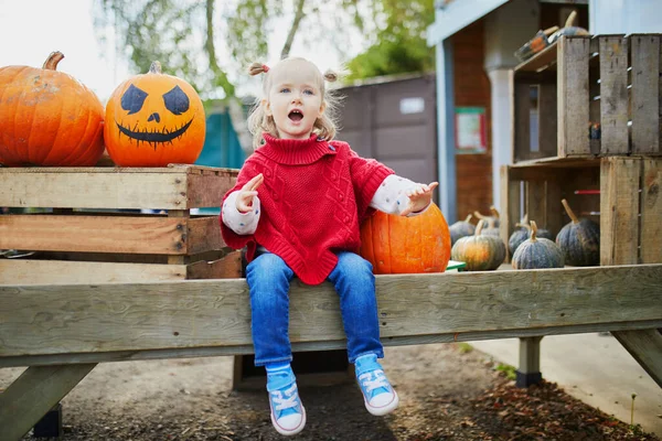 Adorabile Bambina Poncho Rosso Che Seleziona Zucca Fattoria Ragazzo Felice — Foto Stock