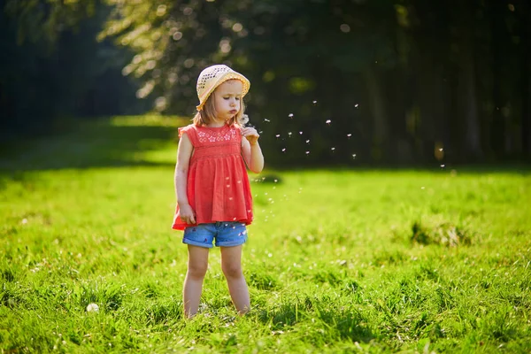 Menina Chapéu Palha Soprando Dente Leão Dia Verão Crianças Natureza — Fotografia de Stock