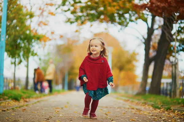 Urocza Dziewczynka Bawiąca Się Jesiennym Parku Paryżu Szczęśliwy Dzieciak Cieszący — Zdjęcie stockowe