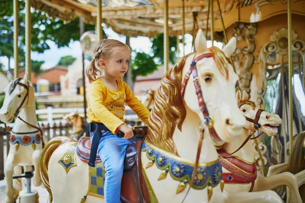 Adorable Little Girl Playground Preschooler Having Fun Vintage French Merry — Stock Photo, Image