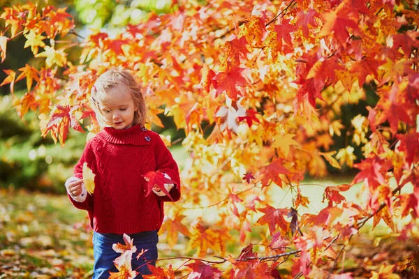 Adorable Toddler Girl Playing Autumn Park Happy Kid Enjoying Fall — Stock Photo, Image