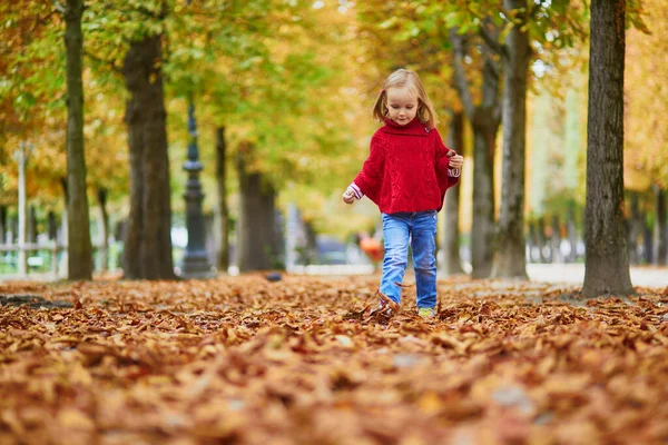 Menina Pré Escolar Adorável Andando Jardim Tuileries Paris Dia Outono — Fotografia de Stock