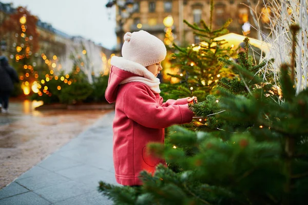 フランスのクリスマスマーケットで愛らしい未就学児の女の子 子供と一緒に季節の冬の休日を祝う — ストック写真