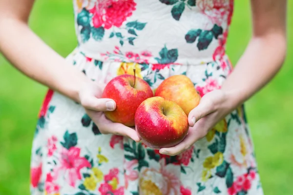Primo piano di mani femminili che tengono mele rosse — Foto Stock