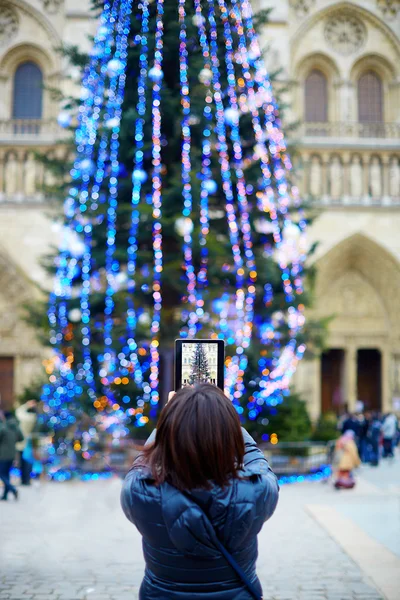 Азиатский турист в Париже фотографирует елку — стоковое фото