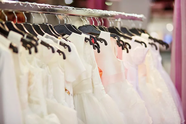 Collection of wedding dresses in a shop — Stock Photo, Image