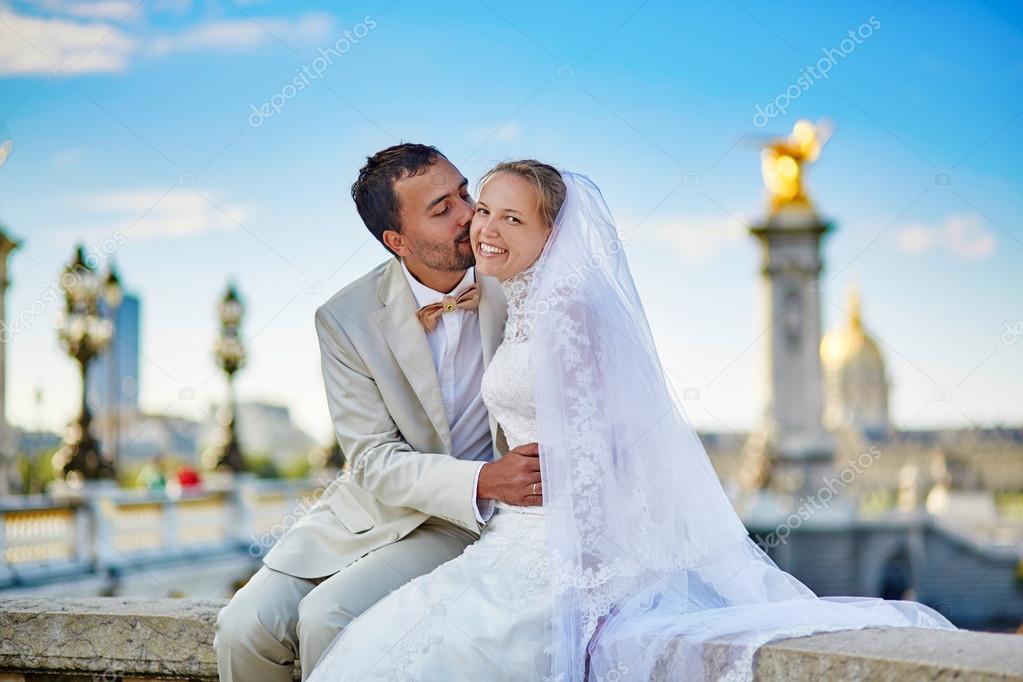 Just married couple on the Alexandre III bridge