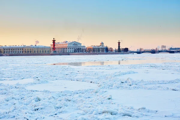 Rostraal kolommen en Spit van Vasilyevsky eiland — Stockfoto