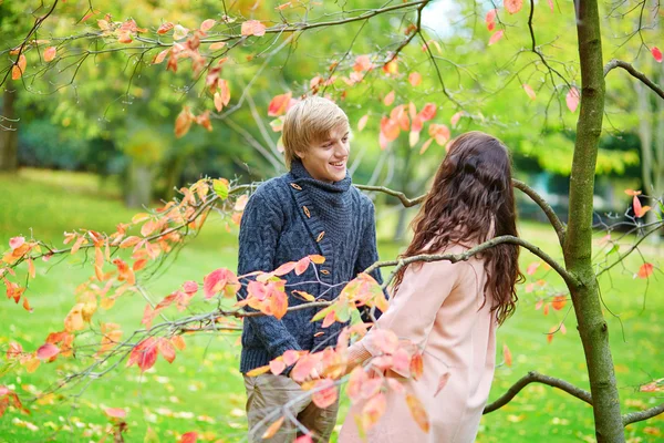 情侣在公园约会在春天或秋天的一天 — 图库照片