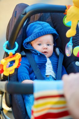 Küçük çocuk arabasındaki bebek oyuncakları ile oynarken