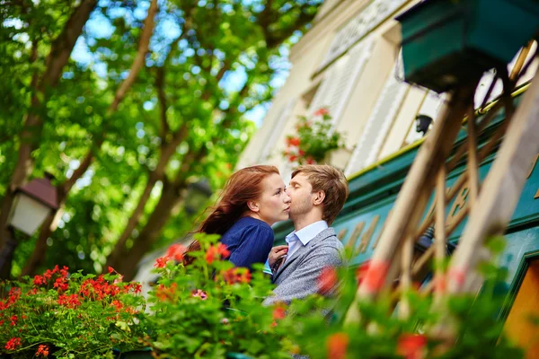 Romantic couple together on balcony — Stock Photo, Image