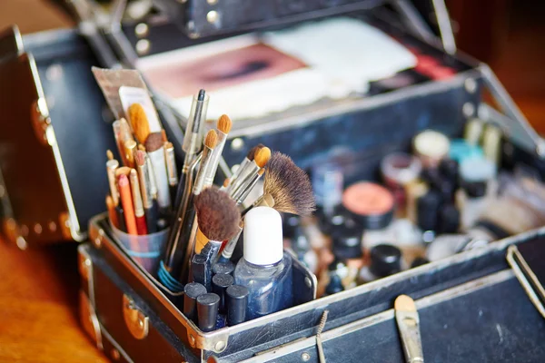Makeup brushes in makeup artist case