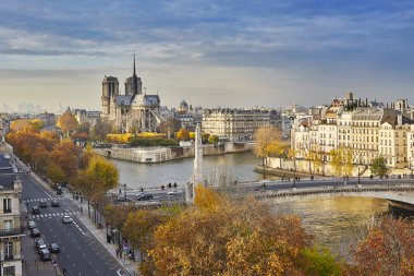 Parlak sonbahar günü Notre-Dame de Paris manzaralı görünüm