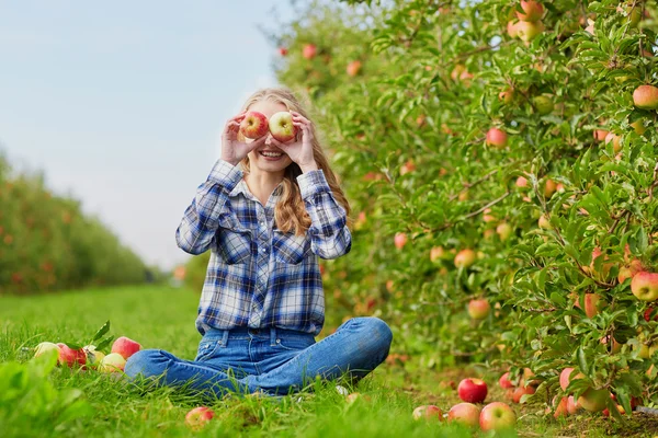 年轻女子在花园里摘苹果 — 图库照片