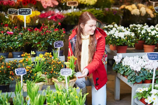 Hermosa mujer seleccionando flores frescas en el mercado parisino — Foto de Stock