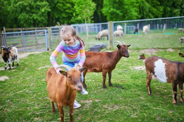 Evcil hayvan ya da çiftlikte keçiye bakarken çömelmiş gülümseyen küçük kız..