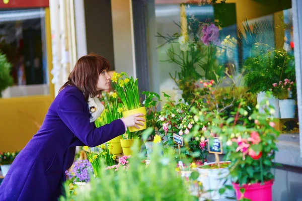 Красивая молодая женщина выбирает цветы на рынке — стоковое фото