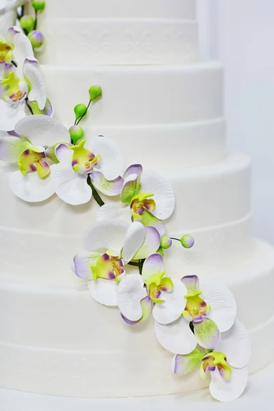 Vit bröllopstårta dekorerad med blommor — Stockfoto