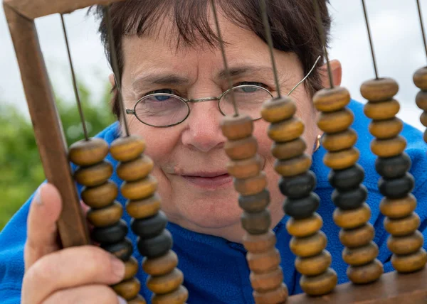 Smiling Bookkeeper Wooden Abacus — Stock Photo, Image