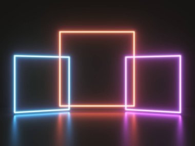 Koyu arkaplandaki kare çerçevelerden gelen parlak neon ışığı, 3 boyutlu illüstrasyon, görüntüleme.