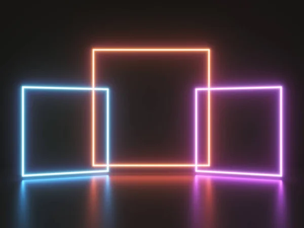 Bright Neon Light Square Frames Dark Background Illustration Rendering — Stock Photo, Image