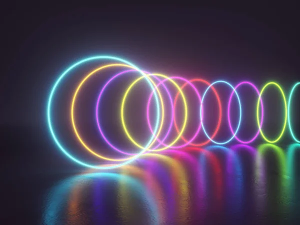 Anelli Neon Luminosi Superficie Sporca Riflessione Crea Effetto Bagnato Illustrazione — Foto Stock