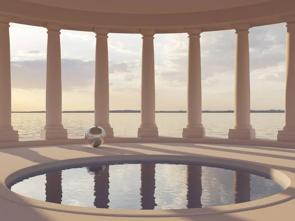 Zwembad Hal Met Zuilen Uitzicht Zee Conceptuele Kunst Illustratie Rendering — Stockfoto