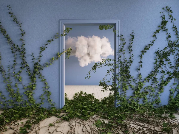 ツタの茂み コンセプチュアルアート 3Dイラスト レンダリングと青の部屋でふわふわの雲 — ストック写真