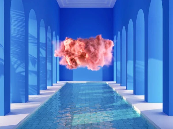 Swimming Pool Hall Columns Pink Cloud Conceptual Art Illustration Rendering — Stock Photo, Image