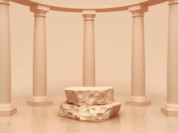 Bloque Piedra Como Soporte Producto Con Columnas Agua Ilustración Renderizado Imagen de stock