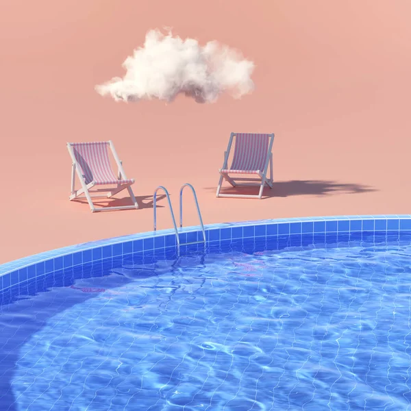 Piscina Con Sedie Sdraio Nuvole Relax Temporale Illustrazione Rendering Immagine Stock