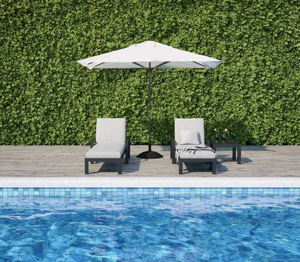 Piscina Con Sdraio Legno Lettini Giardino Illustrazione Rendering Immagine Stock