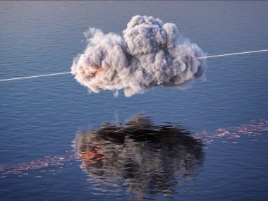 Deniz yüzeyinde parlayan mistik neon ışınları olan bir bulut. 3B illüstrasyon, görüntüleme.