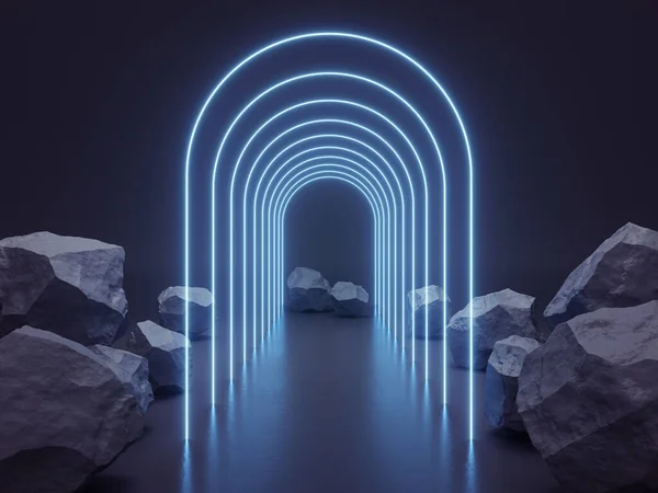 Arch of neon rays among stones on dark background, product demonstration concept, 3D illustration, rendering.