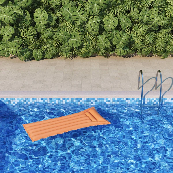 游泳池与蓝色的水和绿色的花园在后院里的豪华别墅 3D插图 — 图库照片