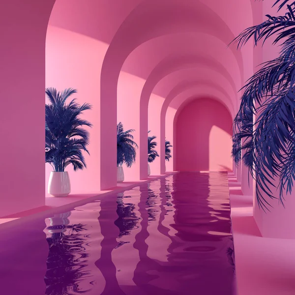 Piscina Salón Con Columnas Colores Rosados Arte Conceptual Ilustración Representación —  Fotos de Stock