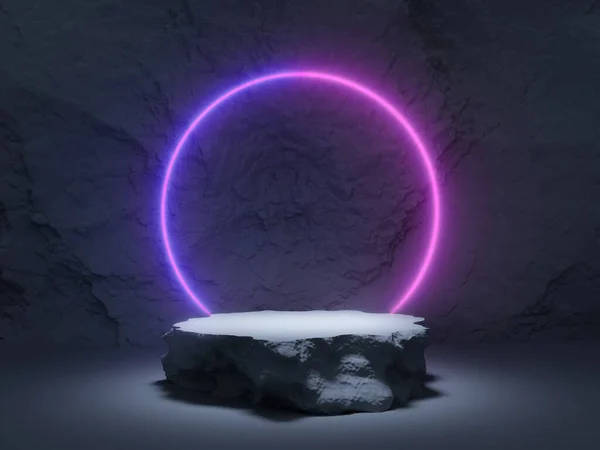 Stone Product Stand Glowing Neon Ring Rock Background Illustration Rendering — Stock Photo, Image