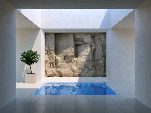 Innenhof Modernen Stil Mit Schwimmbad Und Felswand Illustration Rendering — Stockfoto