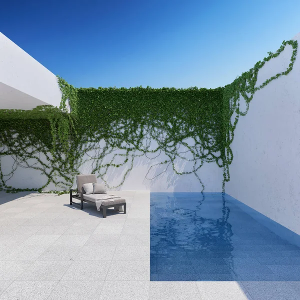 Pátio Com Plantas Cordel Chaise Lounge Piscina Ilustração Renderização — Fotografia de Stock