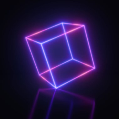 Parlak neon küp, mavi ve mor renkler, 3D illüstrasyon, görüntüleme.