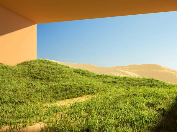 Surreal Art Concept House Desert Grass Sand Illustration Rendering — Stock Photo, Image