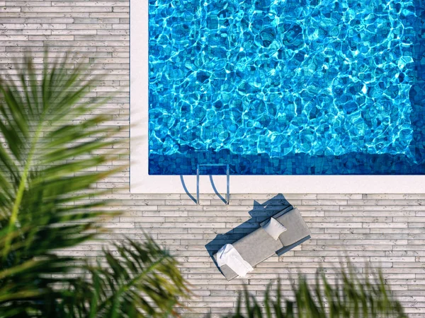 Piscine Avec Terrasse Bois Chaise Longue Palmier Vue Sur Dessus — Photo