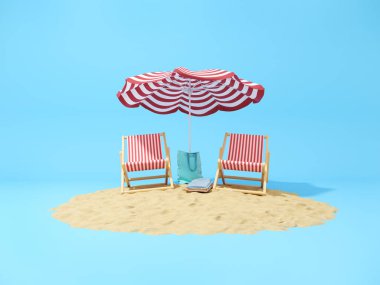 Tatil konsepti sanatı, kumlu plaj güneşli şezlonglar ve mavi arka planda şemsiye. 3B illüstrasyon, görüntüleme.
