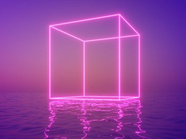 Suyun üzerindeki sisli neon küpü, gece sahnesi, 3 boyutlu illüstrasyon, görüntüleme.
