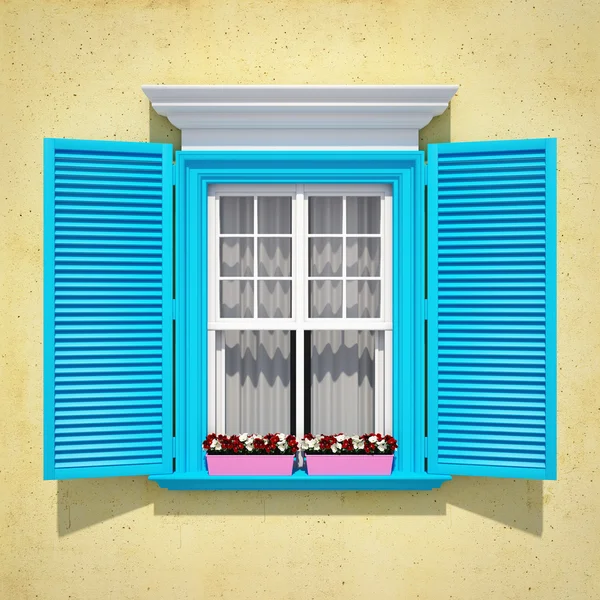Blauwe venster met open houten luiken — Stockfoto