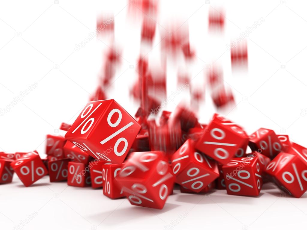 Falling red cubes with percent in focus
