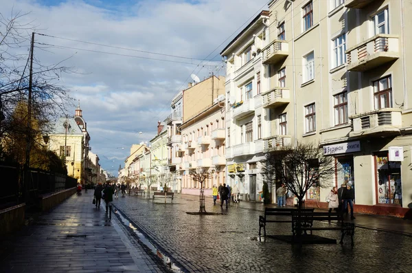 Chernivtsi, Ukraine - 1. Dezember 2015: Blick auf die Olga kobylyanska Allee nach dem Regen - die einzige Fußgängerzone in der Stadt am 1. Dezember in chernivtsi, ukraine.it ist das historische Zentrum von chernivtsi und beliebter Spaziergang.chernovtsy ist eine Stadt in der Ukraine — Stockfoto
