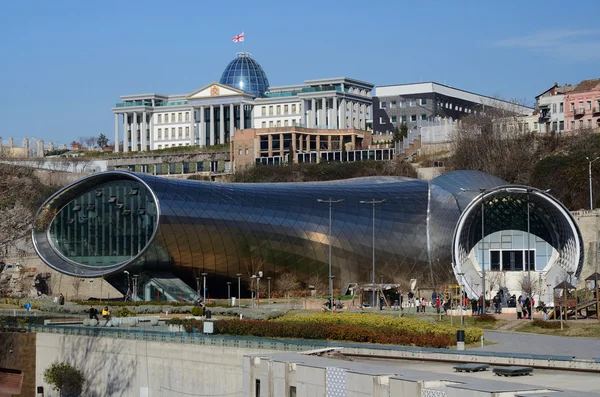 TBILISI, GEORGIA - 07 martie 2015: Oameni în parc în fața Sălii de Concerte și reședința oficială a președintelui Georgiei în Tbilisi, Georgia.Tbilisi este o capitală și cea mai mare țară ib oraș — Fotografie, imagine de stoc