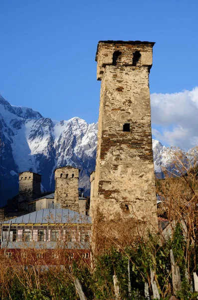 View of Ushguli,highest settlement in Europe,located at foot of mount Shkhara, Upper Svaneti, Georgia, Caucasus, unesco heritage site — Stock Photo, Image