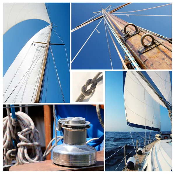 Collage av segelbåt grejer - vinschar, linor, yacht i havet, Knut, segel, mast — Stockfoto